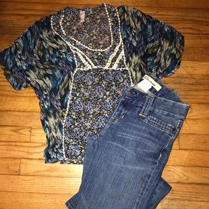 2PieceLot NavyBlue feather blouse & Gap Jeans Xs/2